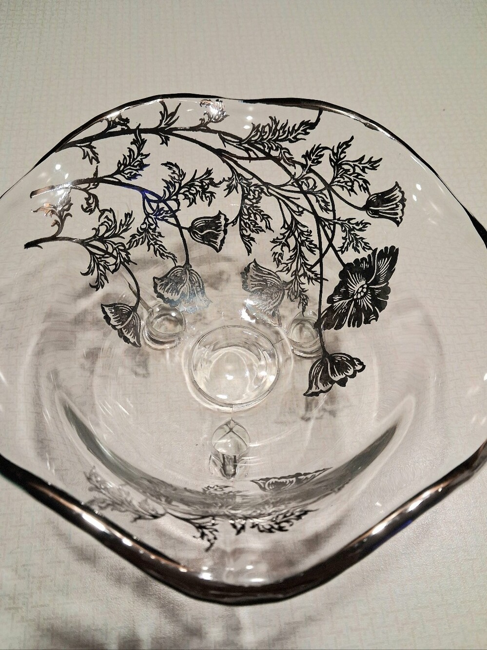 Silver City Glass Floral Candy Dish Curio Sterling Silver Overlay Trim 6"x 3"